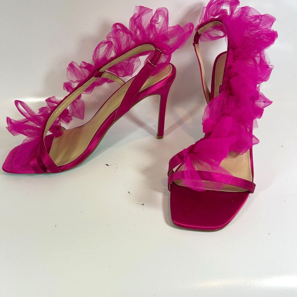 Betsy Johnson SB-Devon Size 8 Tulle Ruffle Slingback Heels Hot Pink Green - Picture 5 of 11